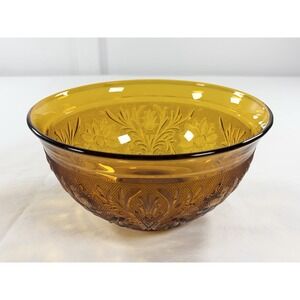 Vintage Anchor Hocking Amber Glass 9" Serving Bowl Daisy Sandwich Pattern MCM